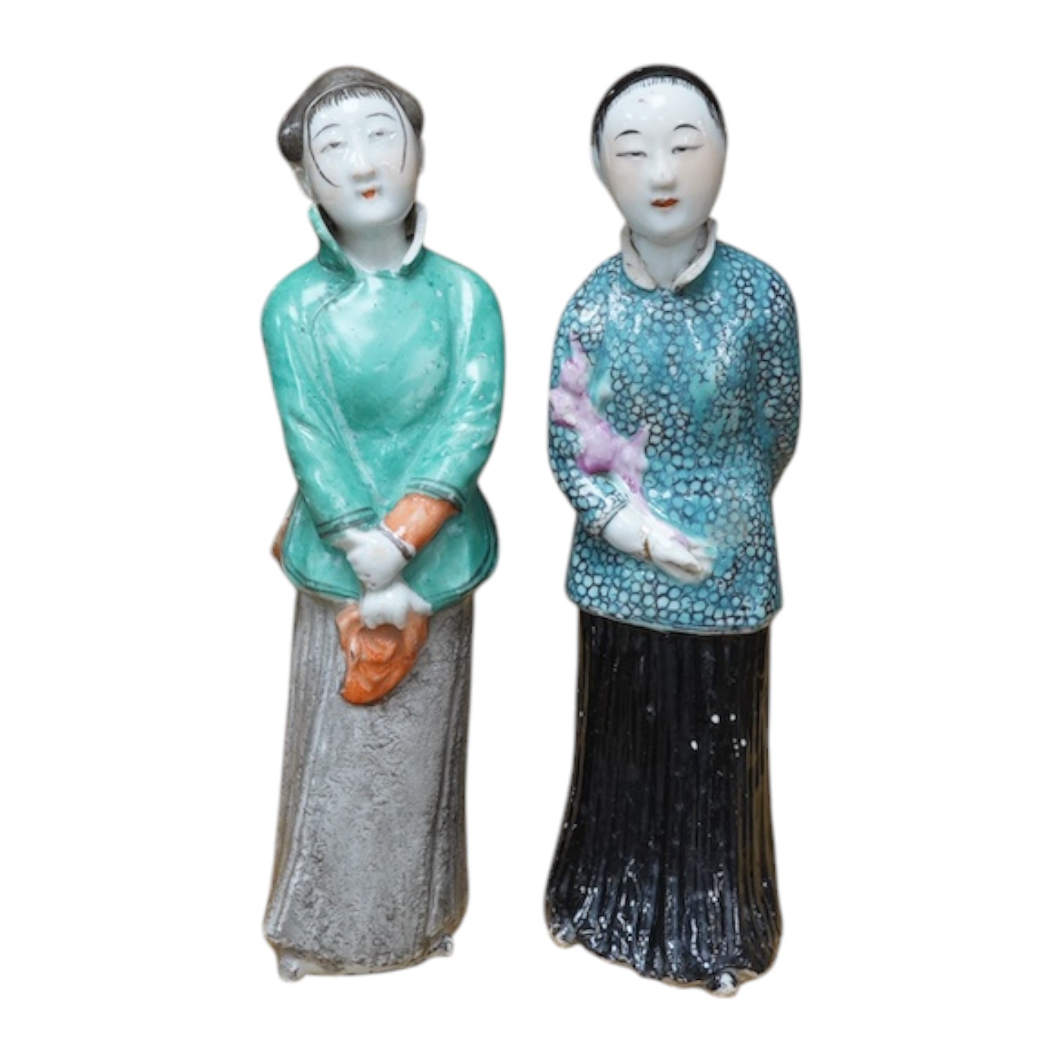 Two Chinese porcelain figures of Shanghai ladies, 1970's, 24.5cm. Condition - fair (collars chipped)